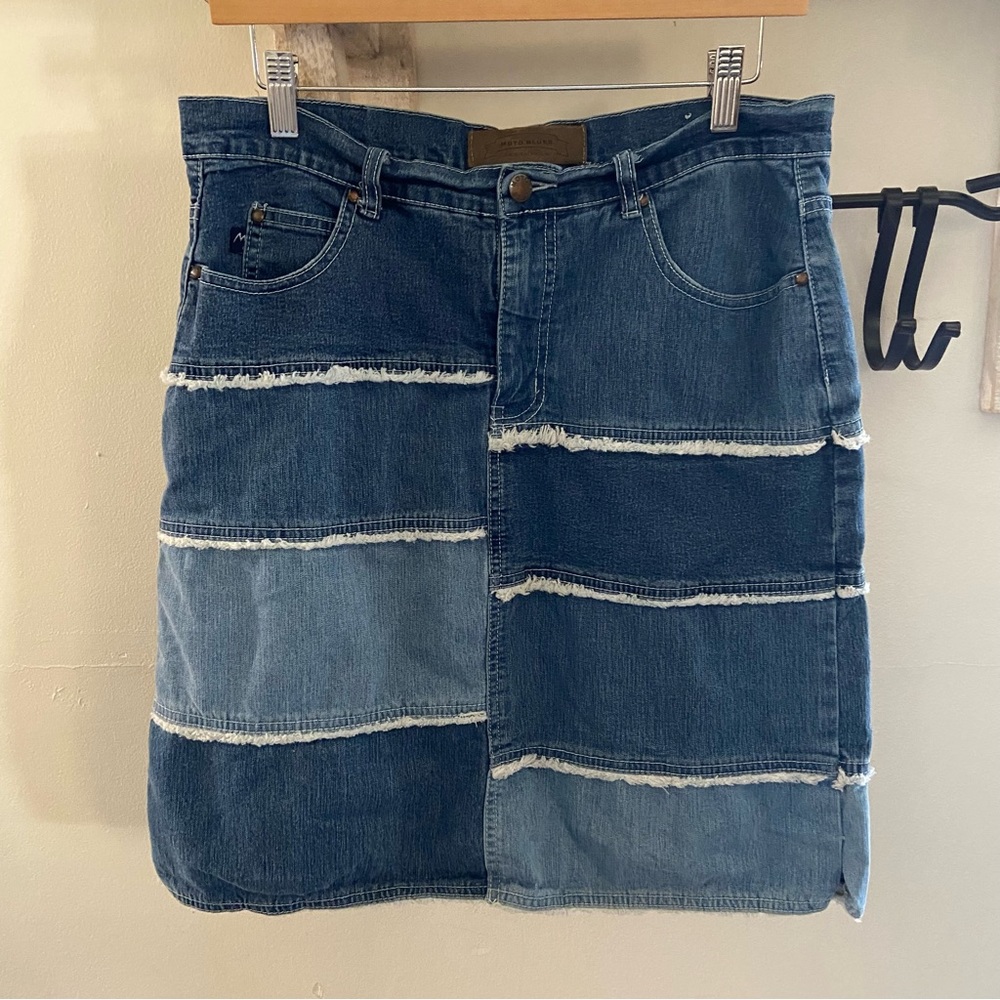 Y2K Moto Blues denim frayed mini pencil skirt